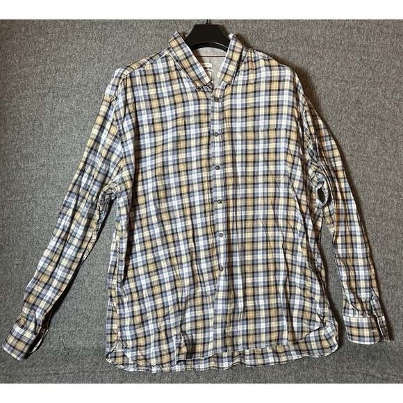 Jos A Bank Shirt Mens 2X Tan Blue Plaid Button Up Tailored Fit Long Sleeve Polo - Picture 1 of 8